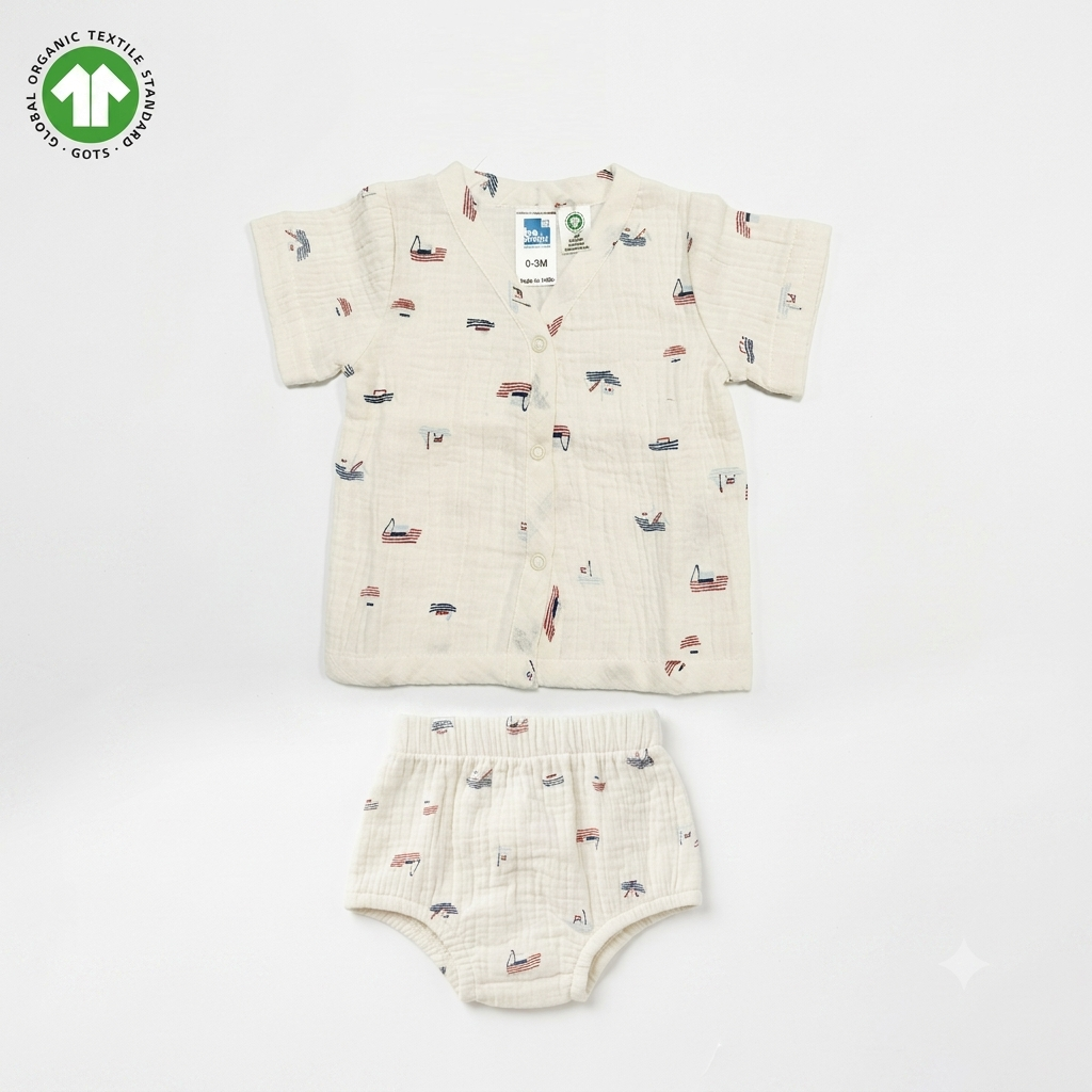 Bamoki 100% GOTS-Certified Organic Cotton Romper (Jhabla) Style for Boys & Girls  Dyed with 100% Organic Dyes with Sailing Boat Print