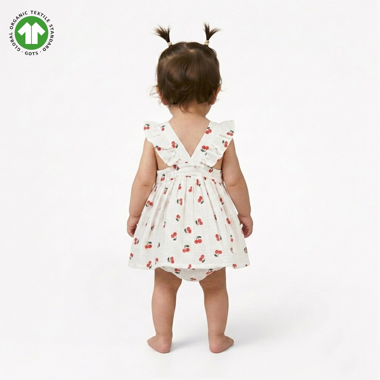 Bamoki Baby Girls Off White Cherry Pattern & Bloomer 2-Piece Set - Mandarin Red, Rolling Hills Organic Cotton Gauze with Red Cherry Print.