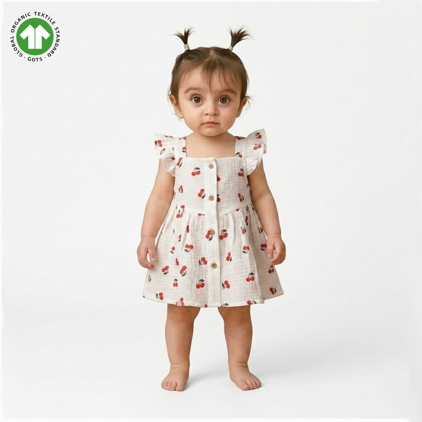 Bamoki Baby Girls Off White Cherry Pattern & Bloomer 2-Piece Set - Mandarin Red, Rolling Hills Organic Cotton Gauze with Red Cherry Print.