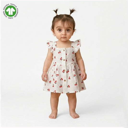 Bamoki Baby Girls Off White Cherry Pattern & Bloomer 2-Piece Set - Mandarin Red, Rolling Hills Organic Cotton Gauze with Red Cherry Print.