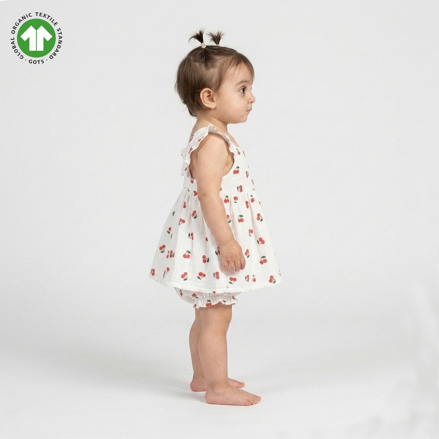 Bamoki Baby Girls Off White Cherry Pattern & Bloomer 2-Piece Set - Mandarin Red, Rolling Hills Organic Cotton Gauze with Red Cherry Print.