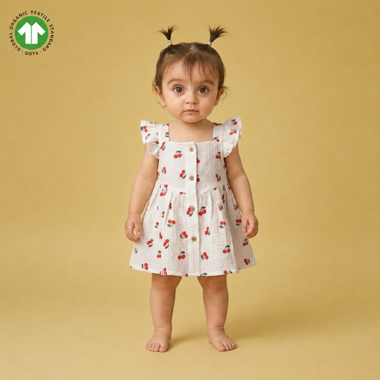 Bamoki Baby Girls Off White Cherry Pattern & Bloomer 2-Piece Set - Mandarin Red, Rolling Hills Organic Cotton Gauze with Red Cherry Print.