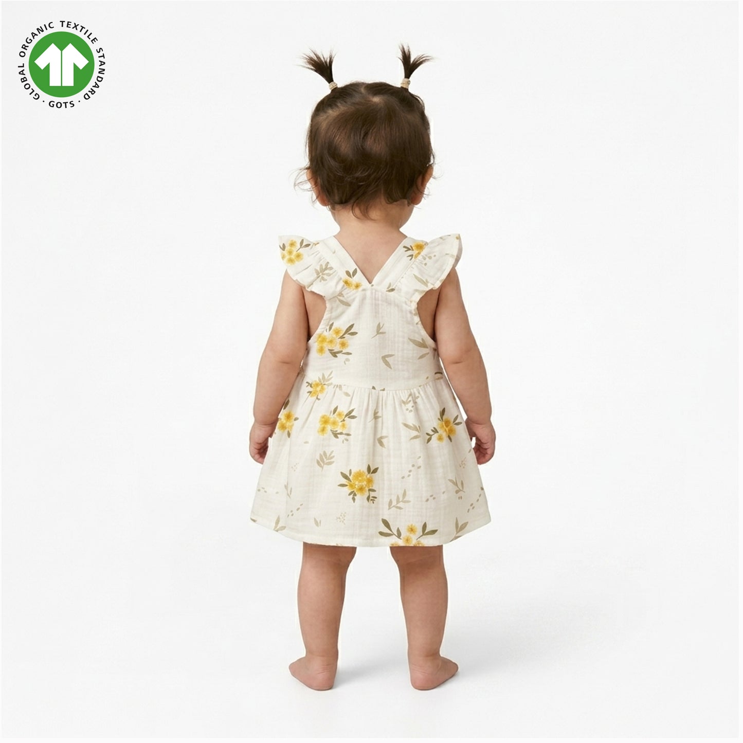 Bamoki Baby Girls Floral Frock & Bloomer 2-Piece Set - Baby's Breath, Lemon Chrome & Golden Lime Organic Cotton Gauze with Yellow Flower Print