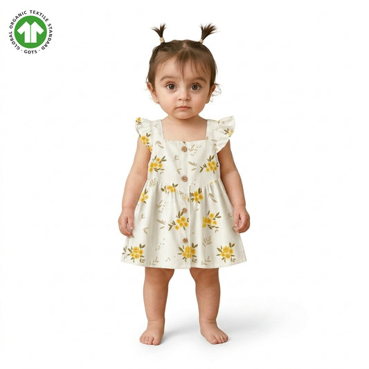 Bamoki Baby Girls Floral Frock & Bloomer 2-Piece Set - Baby's Breath, Lemon Chrome & Golden Lime Organic Cotton Gauze with Yellow Flower Print
