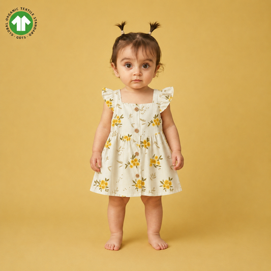 Bamoki Baby Girls Floral Frock & Bloomer 2-Piece Set - Baby's Breath, Lemon Chrome & Golden Lime Organic Cotton Gauze with Yellow Flower Print