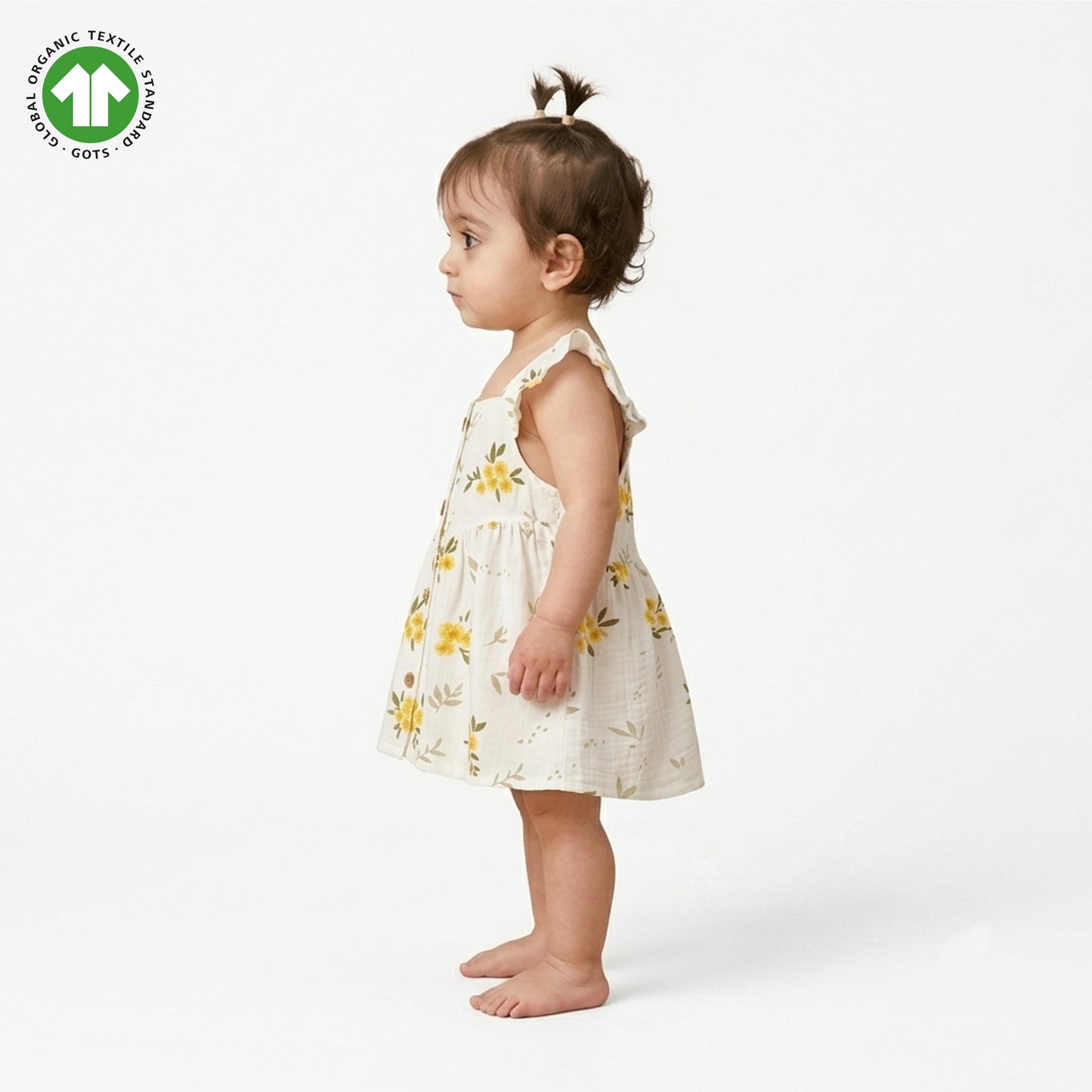 Bamoki Baby Girls Floral Frock & Bloomer 2-Piece Set - Baby's Breath, Lemon Chrome & Golden Lime Organic Cotton Gauze with Yellow Flower Print