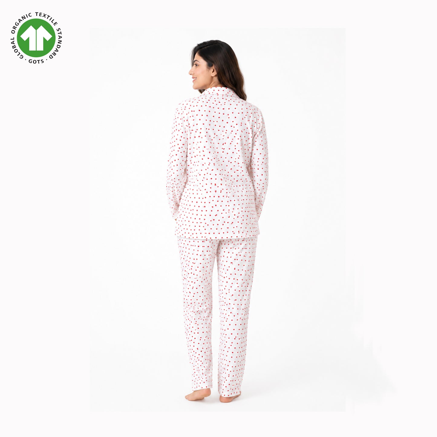 Bamoki Women’s Heart Print 100% GOTS-certified Organic Cotton Fabric PJ Set – White & Cherry Red | Straight-Leg Trousers