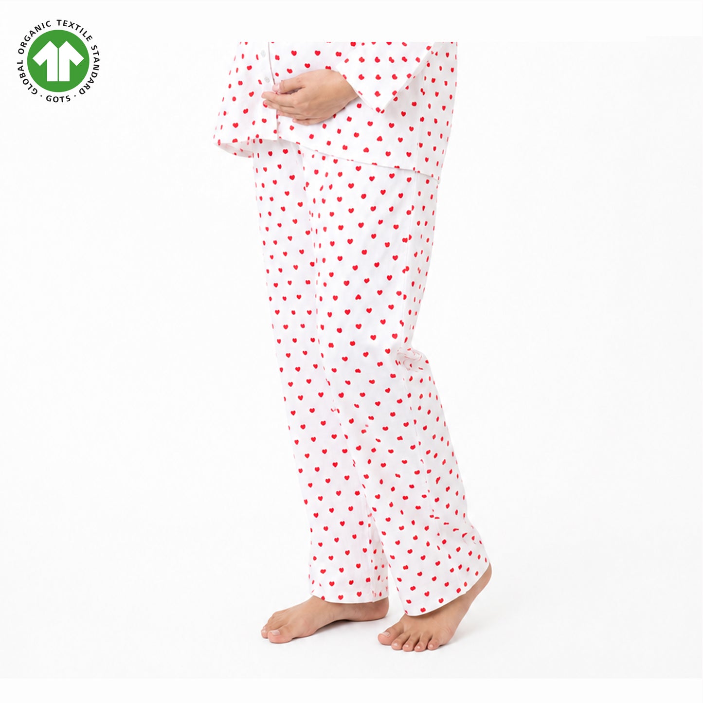 Bamoki Women’s Heart Print 100% GOTS-certified Organic Cotton Fabric PJ Set – White & Cherry Red | Straight-Leg Trousers
