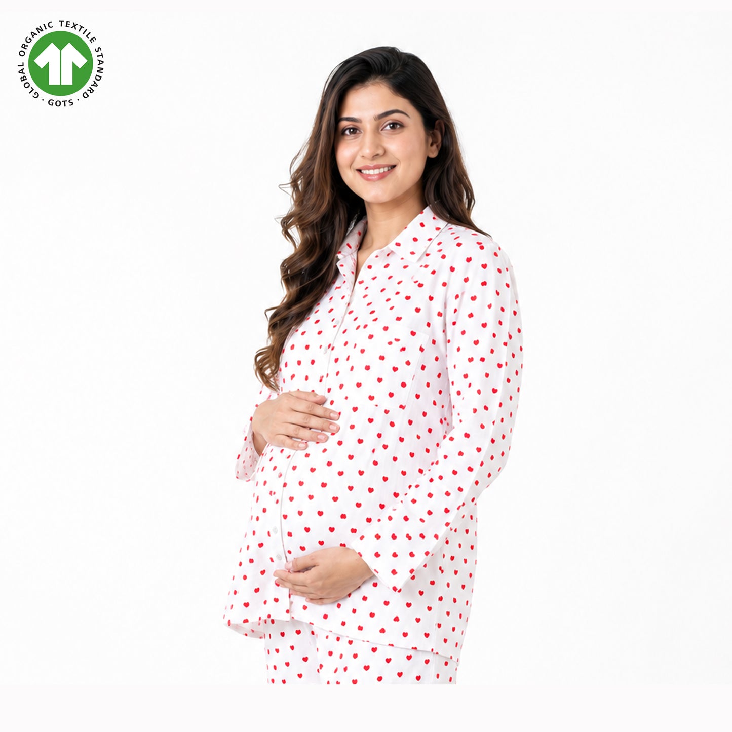 Bamoki Women’s Heart Print 100% GOTS-certified Organic Cotton Fabric PJ Set – White & Cherry Red | Straight-Leg Trousers
