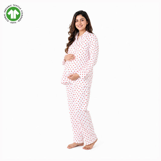 Bamoki Women’s Heart Print 100% GOTS-certified Organic Cotton Fabric PJ Set – White & Cherry Red | Straight-Leg Trousers