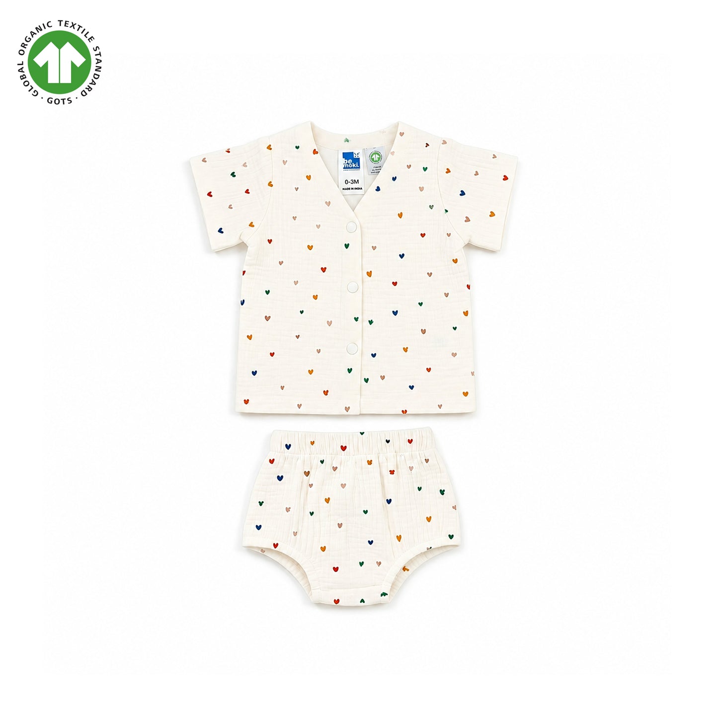 Bamoki 100% GOTS-Certified Cotton Romper (Jhabla) Style for Boys & Girls Dyed with 100% Organic Dyes with Heart Print