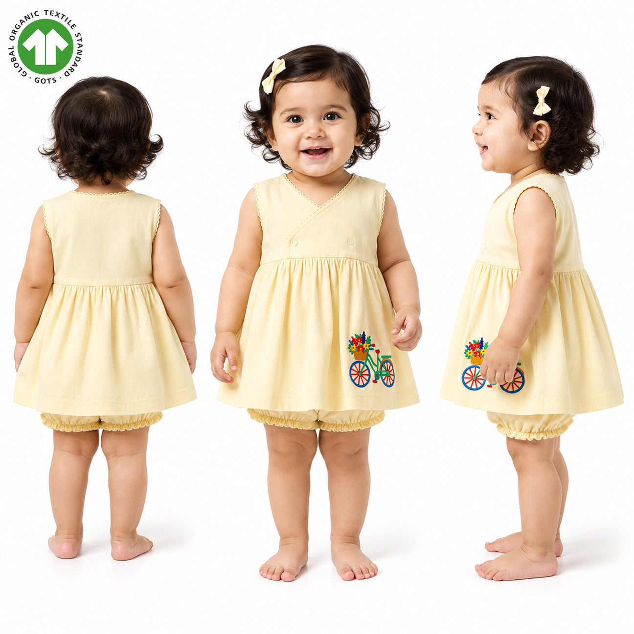 BaMoKi GOTS Certified White Asparagus Frock & Bloomer Set with Floral Bicycle Embroidery