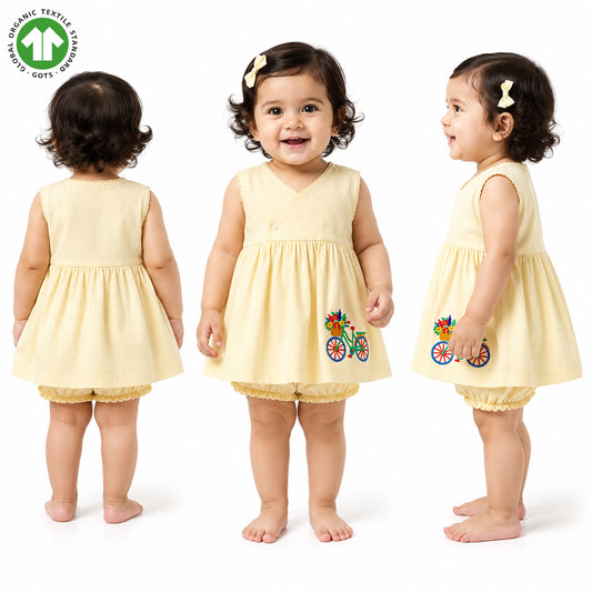 BaMoKi GOTS Certified White Asparagus Frock & Bloomer Set with Floral Bicycle Embroidery
