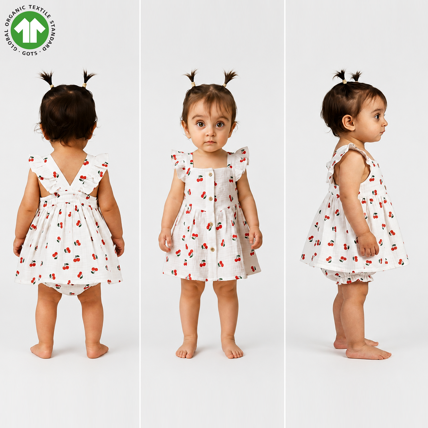 Bamoki Baby Girls Off White Cherry Pattern & Bloomer 2-Piece Set - Mandarin Red, Rolling Hills Organic Cotton Gauze with Red Cherry Print.