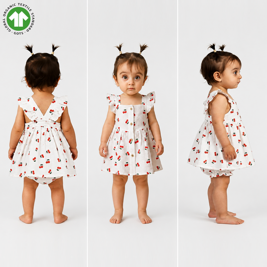 Bamoki Baby Girls Off White Cherry Pattern & Bloomer 2-Piece Set - Mandarin Red, Rolling Hills Organic Cotton Gauze with Red Cherry Print.