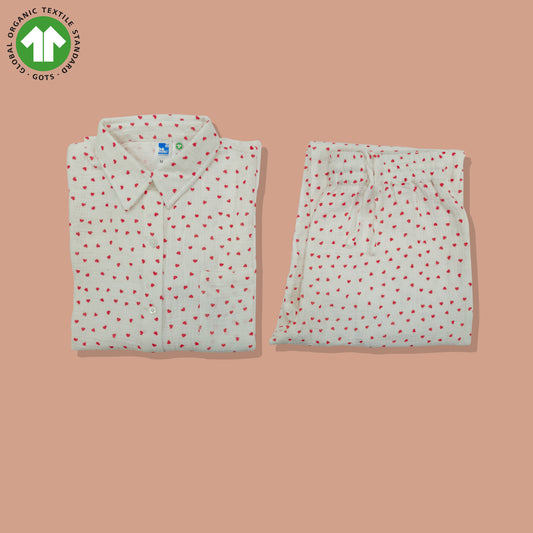 Bamoki Women’s Heart Print 100% GOTS-certified  Cotton Fabric PJ Set – White & Cherry Red | Straight-Leg Trousers