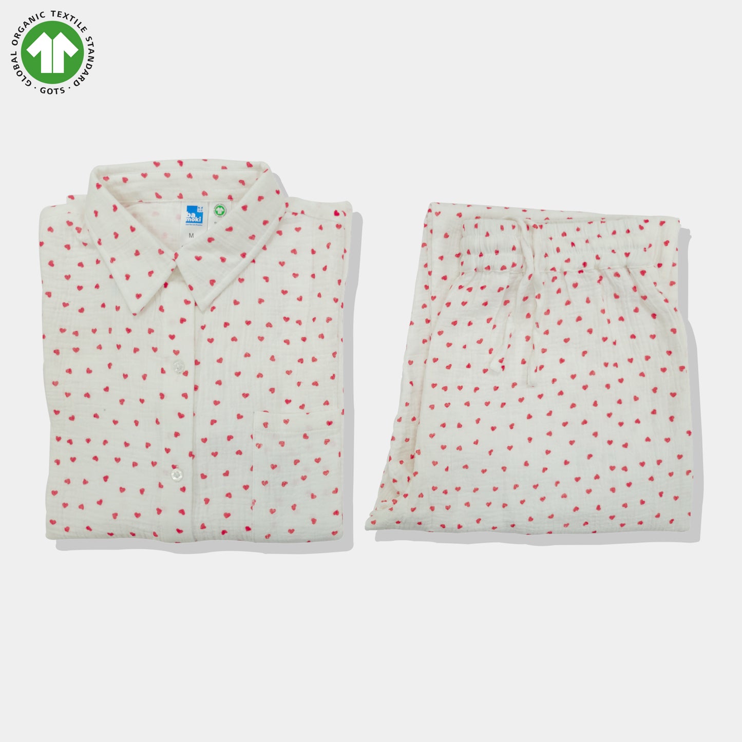 Bamoki Women’s Heart Print 100% GOTS-certified  Cotton Fabric PJ Set – White & Cherry Red | Straight-Leg Trousers