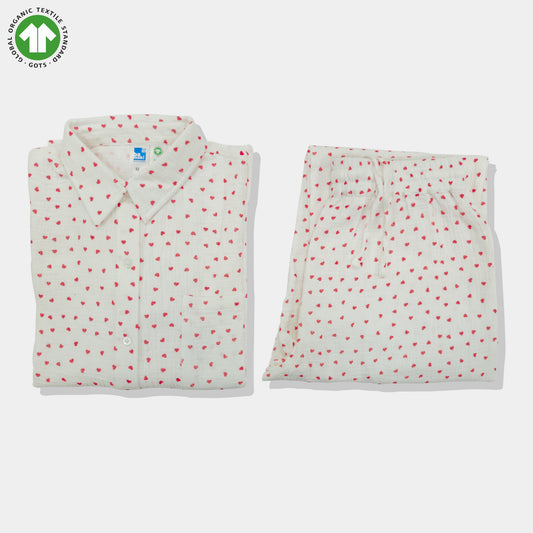 Bamoki Women’s Heart Print 100% GOTS-certified  Cotton Fabric PJ Set – White & Cherry Red | Straight-Leg Trousers
