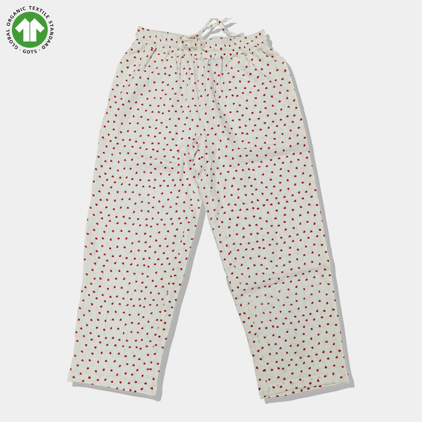 Bamoki Women’s Heart Print 100% GOTS-certified  Cotton Fabric PJ Set – White & Cherry Red | Straight-Leg Trousers